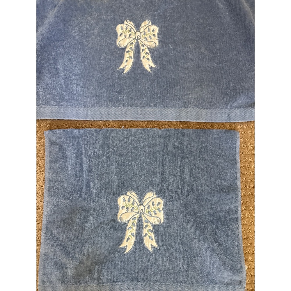 Vintage After Bath Luxury Blue Embroidered Bow Floral Towel Set 2pc Made in USA